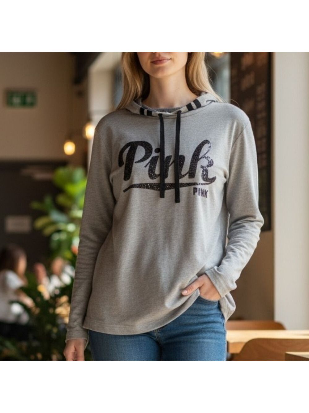 Victoria's Secret Pink Gray Hoodie Black Logo Extra Small #HD4